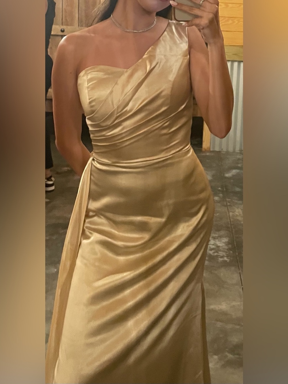 Gold Satin One-Shoulder Evening Dress
